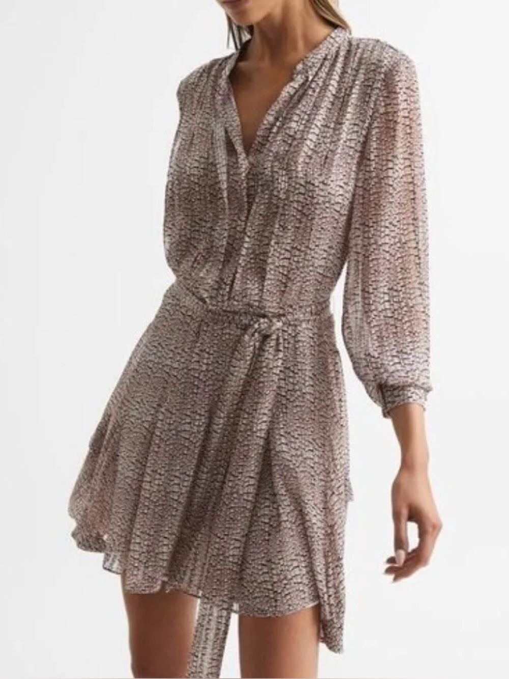 Reiss Lily Pink Metallic Thread Flippy Mini Dress Long Sleeve Tie Waist 6